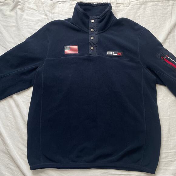 Ralph Lauren RLX Blue Fleece Sweatshirt Sz XL Men's 1/4 Zip Mock Neck Pockets - Picture 2 of 7